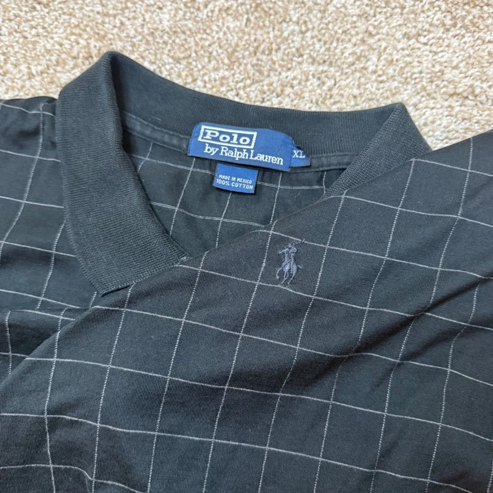 Polo Ralph Lauren Polo Shirt Mens XL Black Grid Windowpane Cotton Short Sleeve